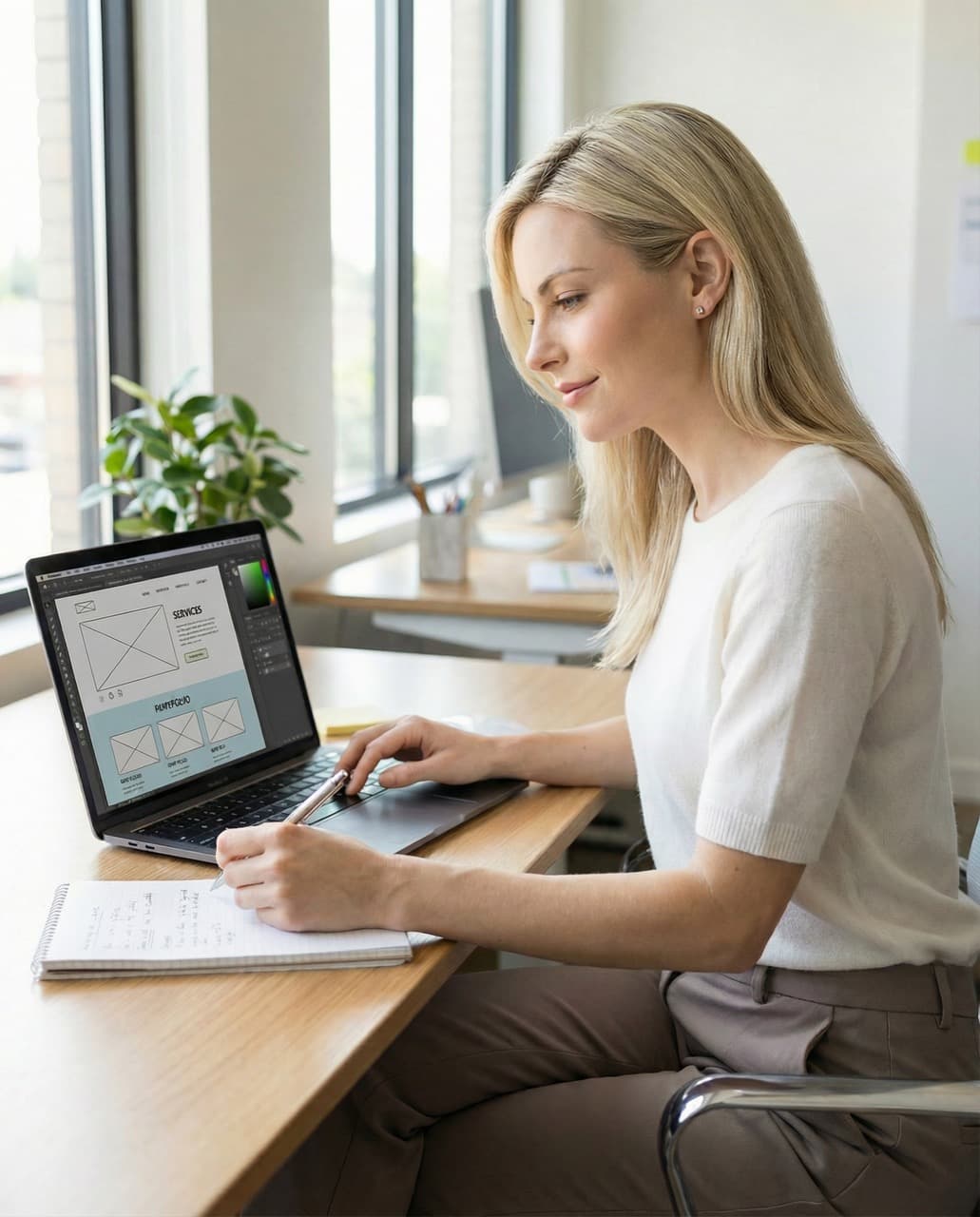 Проектный менеджер собирает лендинг в офисе агентства